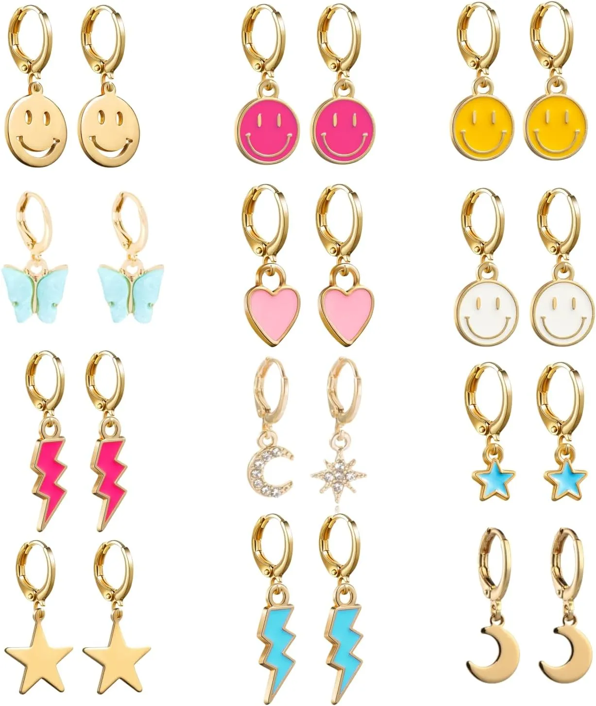 12 Pairs Preppy Earrings Pack,Colorful Preppy Earrings Pack with Charms and Pendants Trendy Jewelry for Women