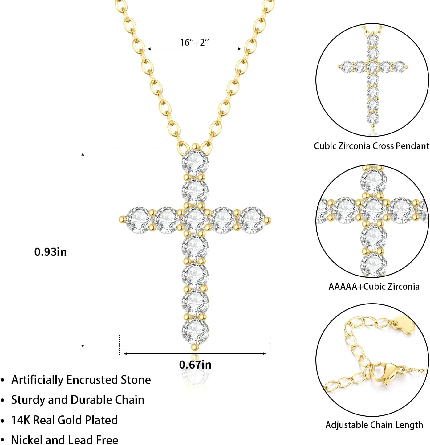 14K Gold Plated Dainty Cross Necklace for Women, Non Tarnish Cross Silver Pendants Necklaces for Women Trendy, Medium Cubic Zirconia Necklace for Women
