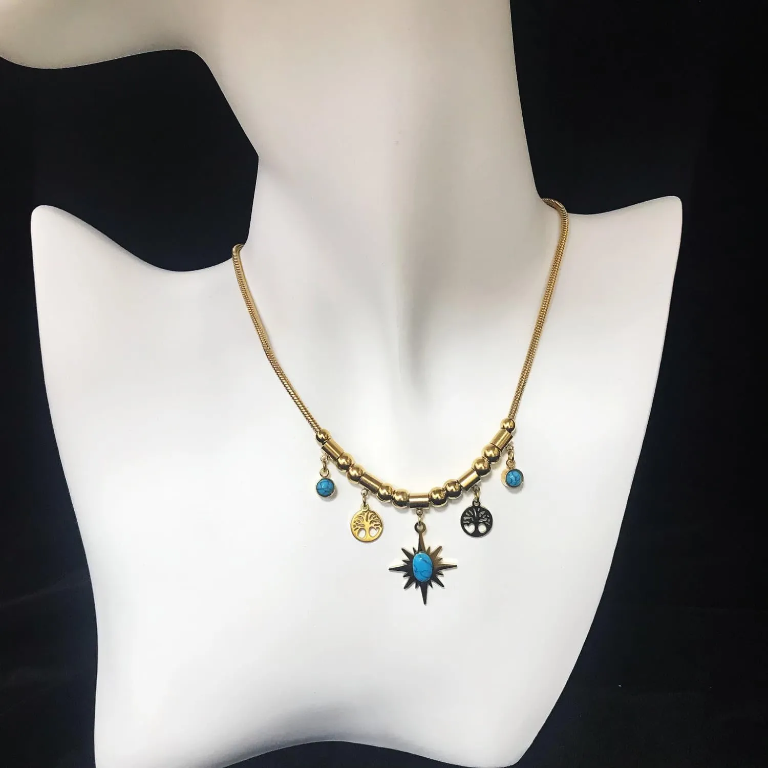 18K Gold-Plated Stainless Steel Unique Common Luxurious Retro Vintage French Turquoise Star Multi Pendants Tassel Bohemian Style Necklace Choker Chain