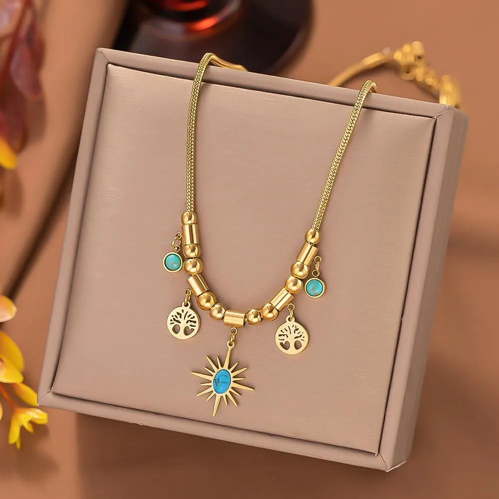 18K Gold-Plated Stainless Steel Unique Common Luxurious Retro Vintage French Turquoise Star Multi Pendants Tassel Bohemian Style Necklace Choker Chain
