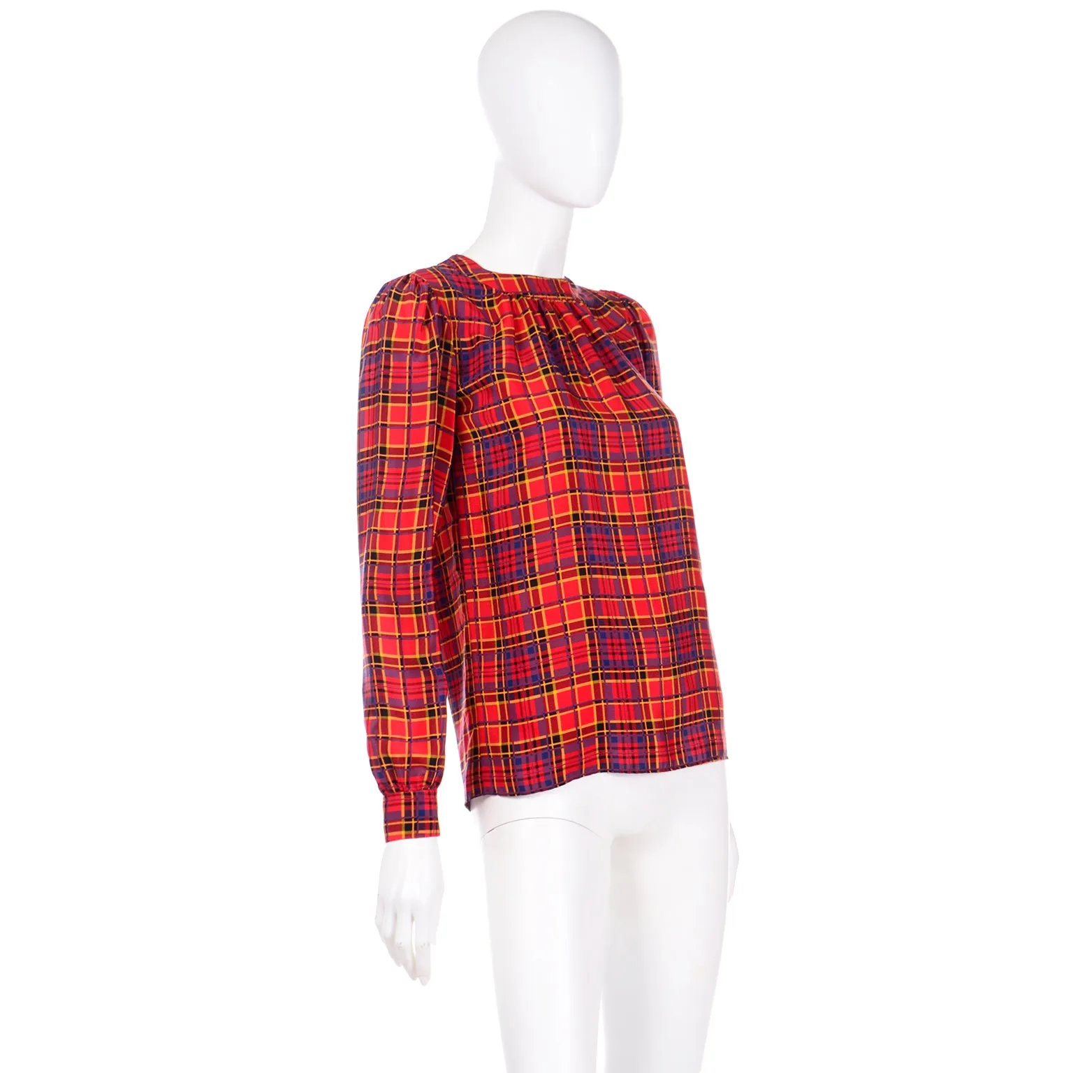 1970s Vintage Yves Saint Laurent Red Plaid Silk Blouse