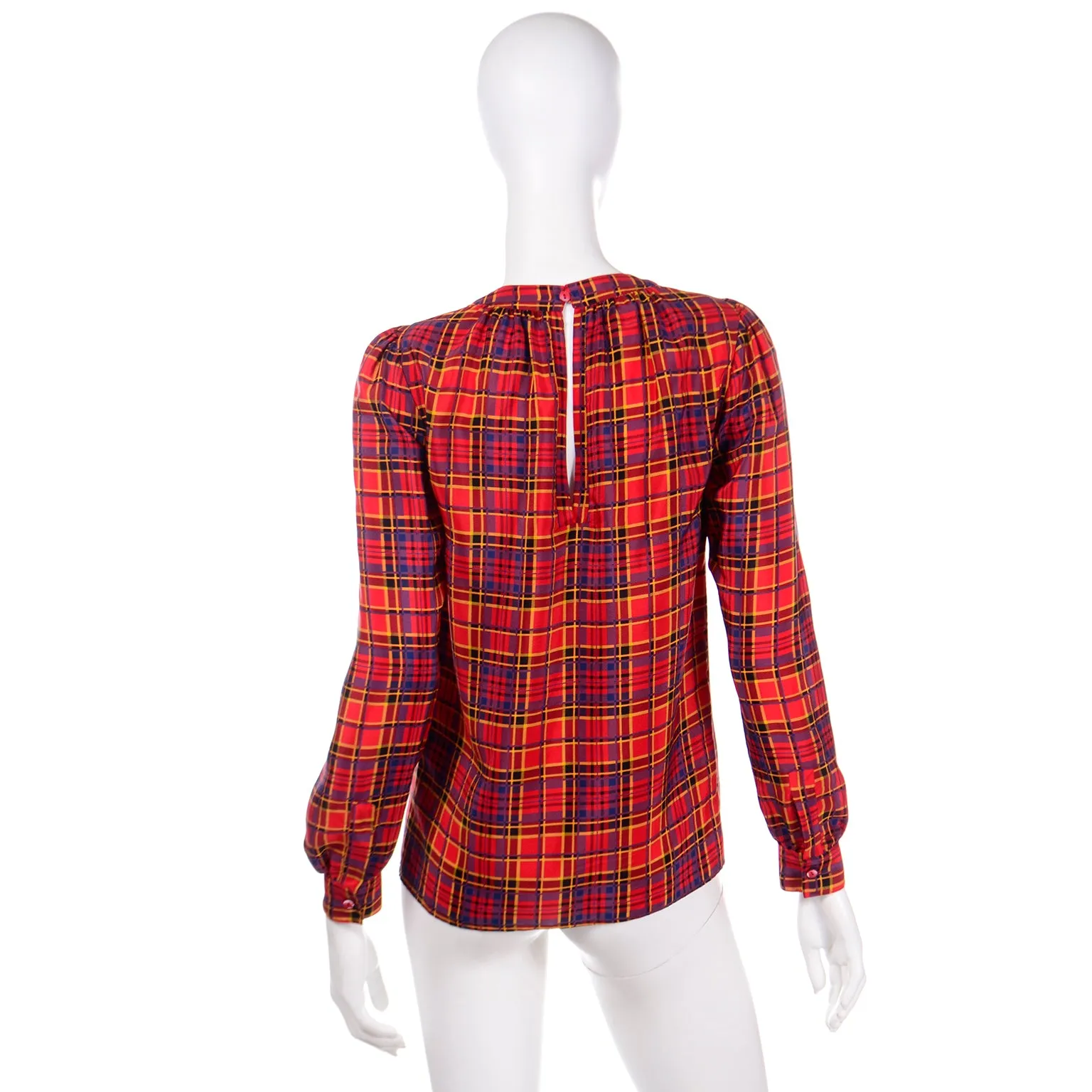 1970s Vintage Yves Saint Laurent Red Plaid Silk Blouse