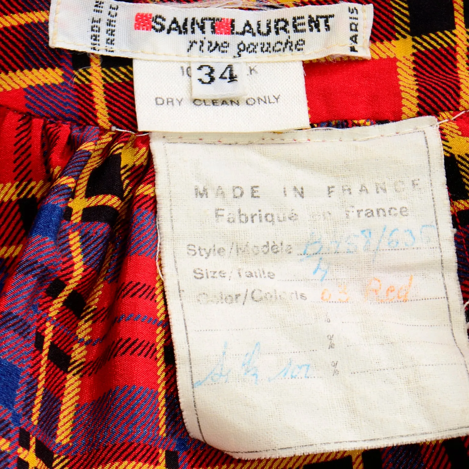 1970s Vintage Yves Saint Laurent Red Plaid Silk Blouse