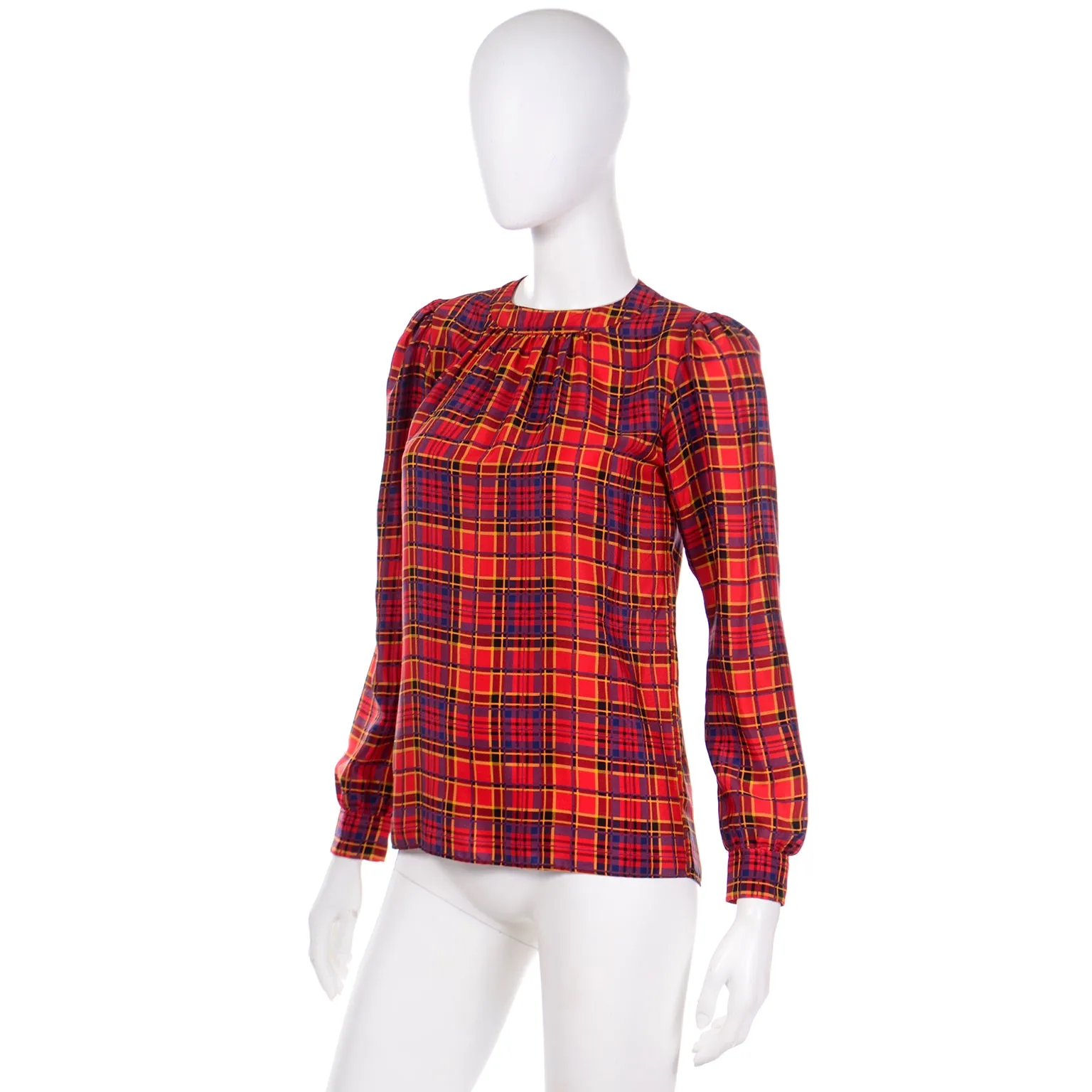 1970s Vintage Yves Saint Laurent Red Plaid Silk Blouse