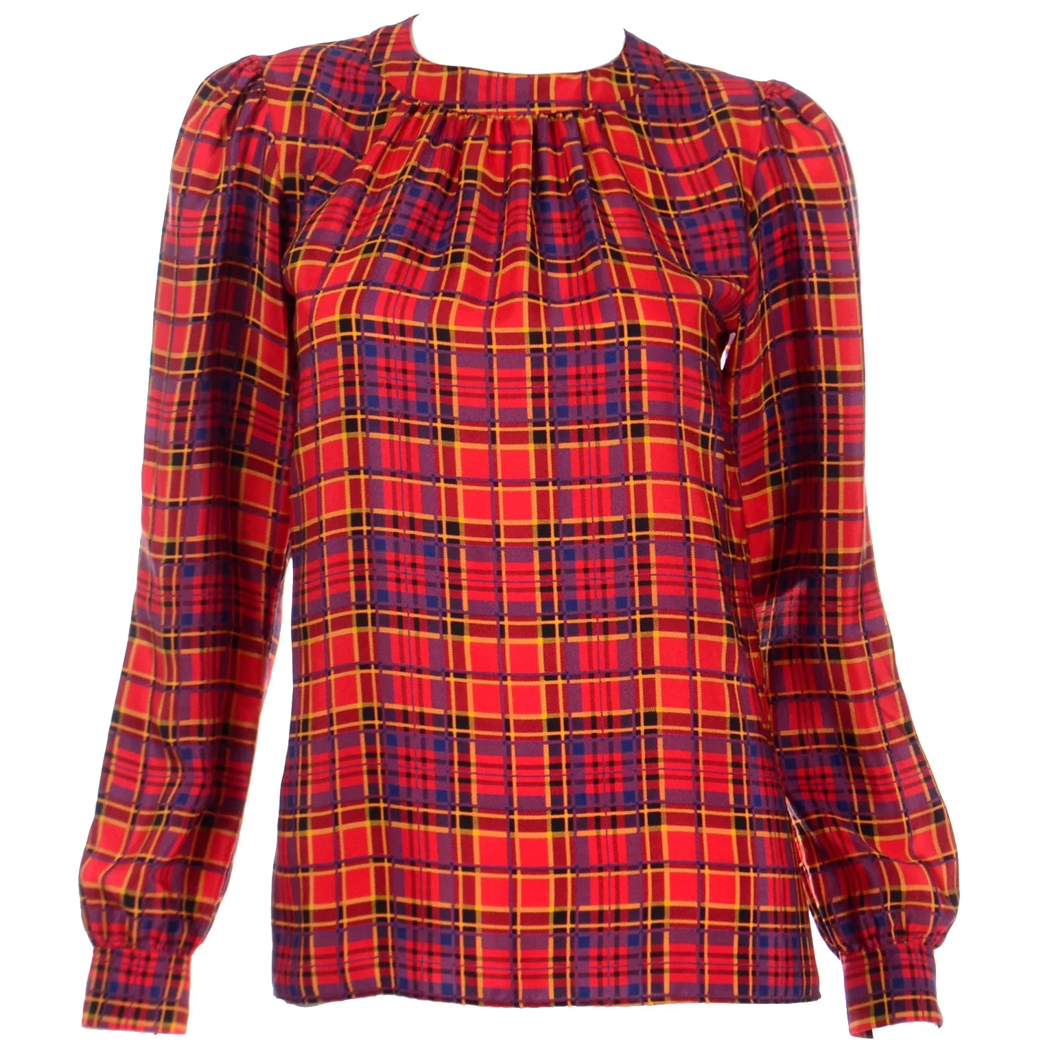 1970s Vintage Yves Saint Laurent Red Plaid Silk Blouse