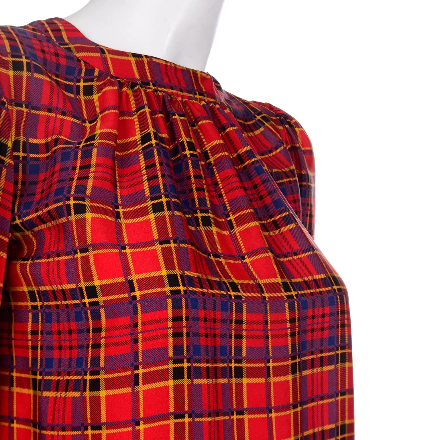 1970s Vintage Yves Saint Laurent Red Plaid Silk Blouse