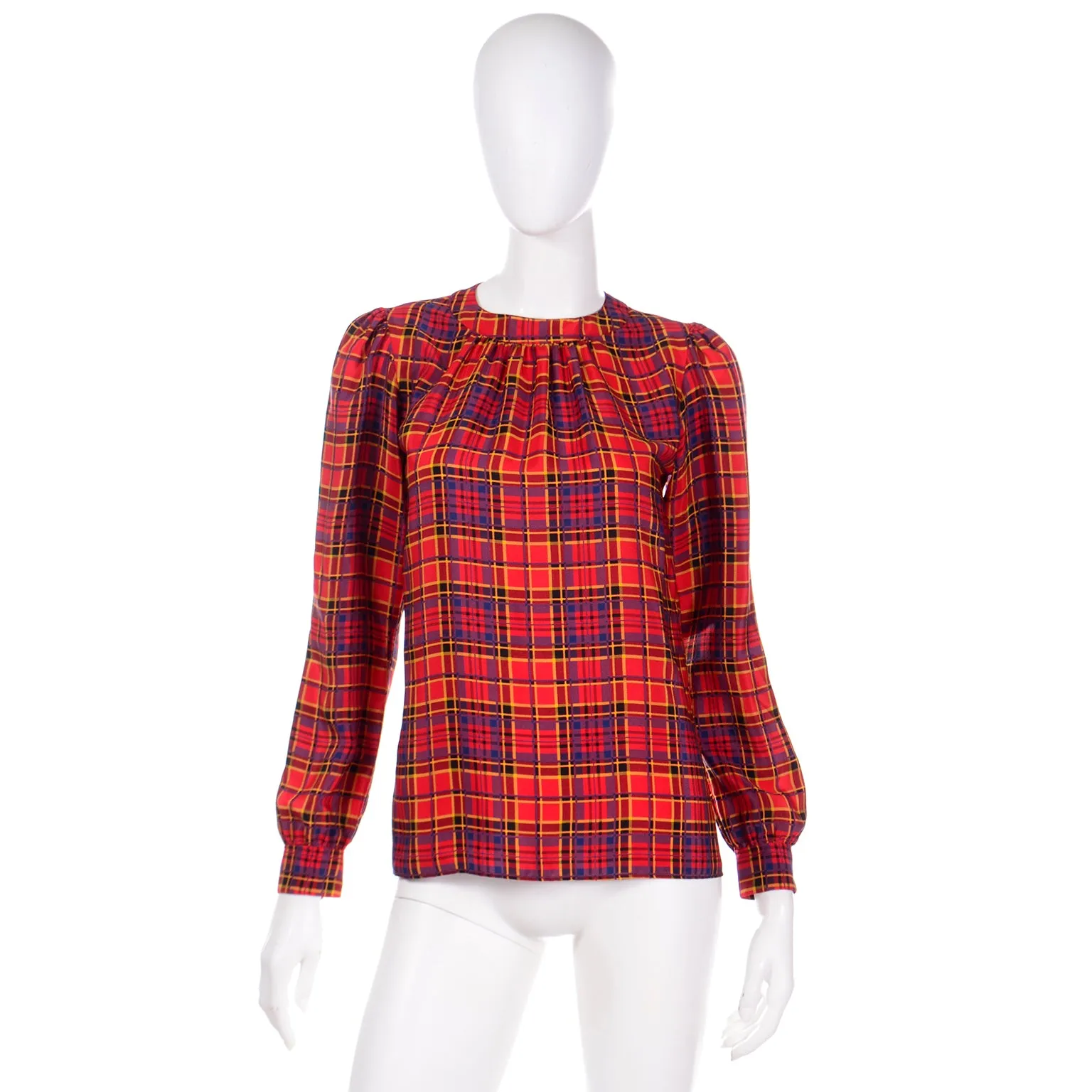 1970s Vintage Yves Saint Laurent Red Plaid Silk Blouse