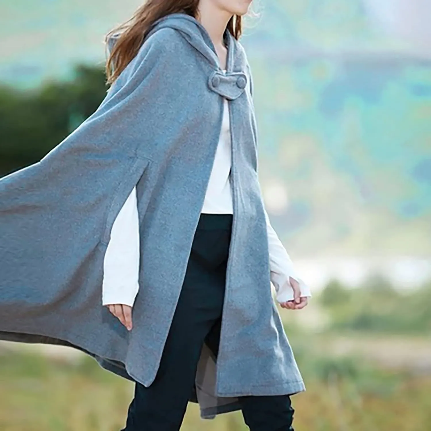 2024 Fall Fashion Windproof Hooded Women Open Front Cardigan Long Poncho Cape Coat Winter Cloak Trench Jackets