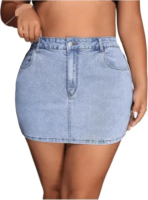 2025 Women's Plus Size Denim Skirt - High Waisted Mini Zipper Bodycon Jean Skirt with Five Pockets for Everyday Wear