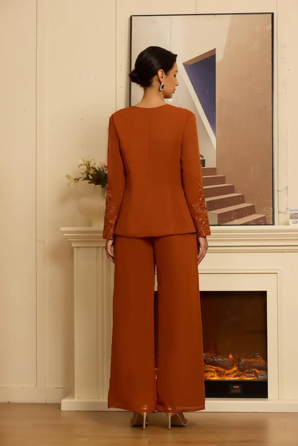 3 Pieces Mother of The Bride Pant Suit with Jacket Long Sleeve Formal Wedding Reception Outfit Sets Mother of The Groom