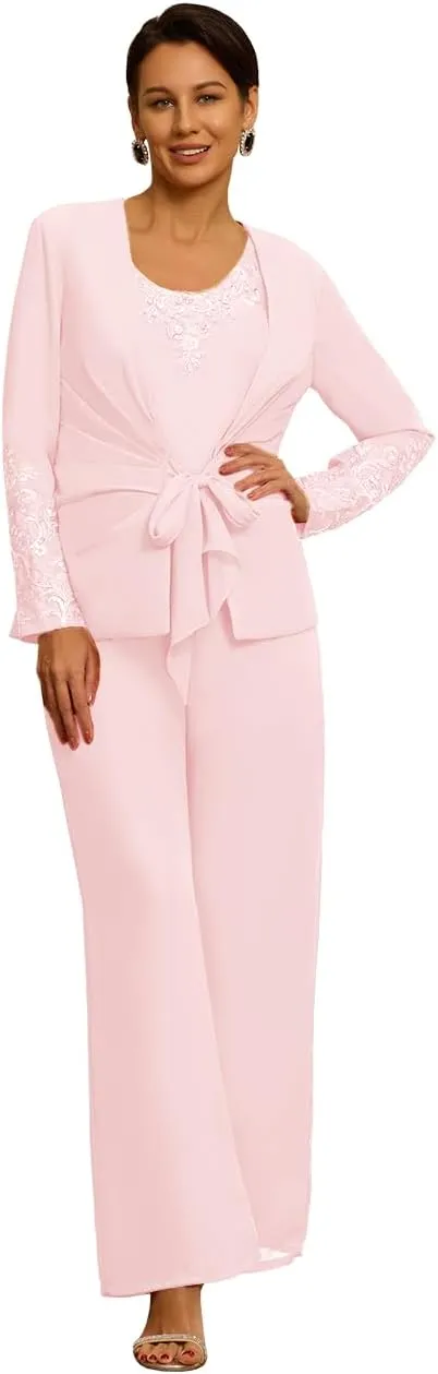 3 Pieces Mother of The Bride Pant Suit with Jacket Long Sleeve Formal Wedding Reception Outfit Sets Mother of The Groom