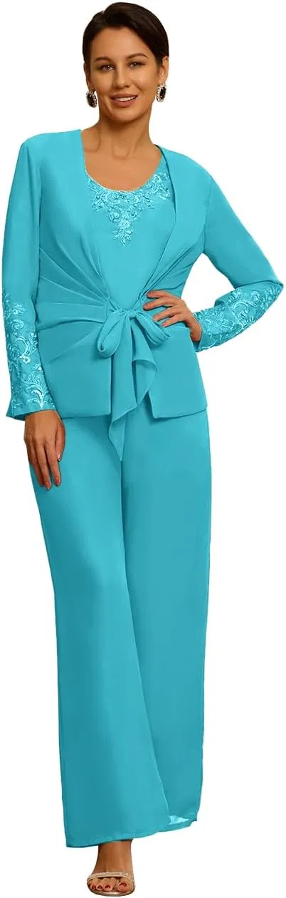 3 Pieces Mother of The Bride Pant Suit with Jacket Long Sleeve Formal Wedding Reception Outfit Sets Mother of The Groom