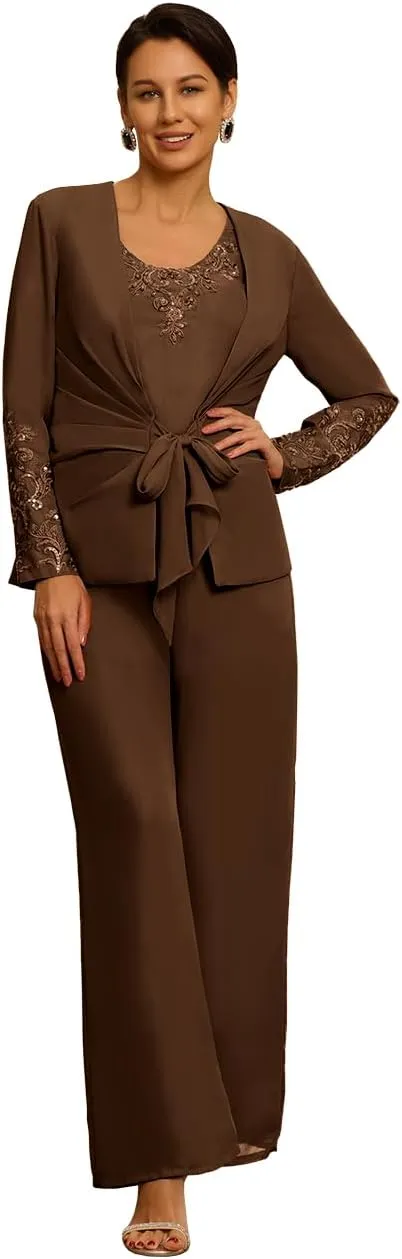 3 Pieces Mother of The Bride Pant Suit with Jacket Long Sleeve Formal Wedding Reception Outfit Sets Mother of The Groom