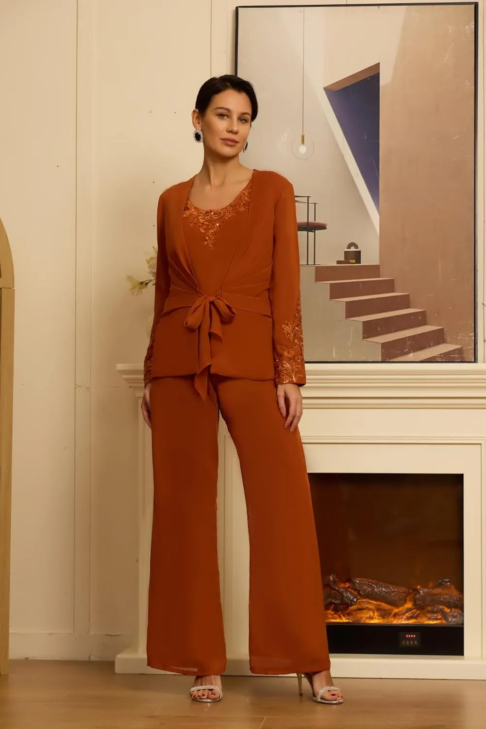 3 Pieces Mother of The Bride Pant Suit with Jacket Long Sleeve Formal Wedding Reception Outfit Sets Mother of The Groom