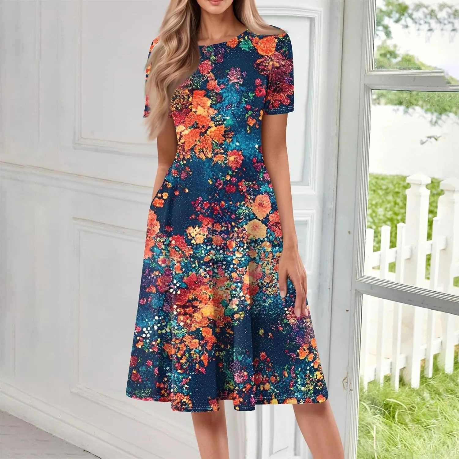 4th of July Dresses for Women midi red White and Blue Summer Dress Short Sleeve a line Round Neck Formal Dress Elegant