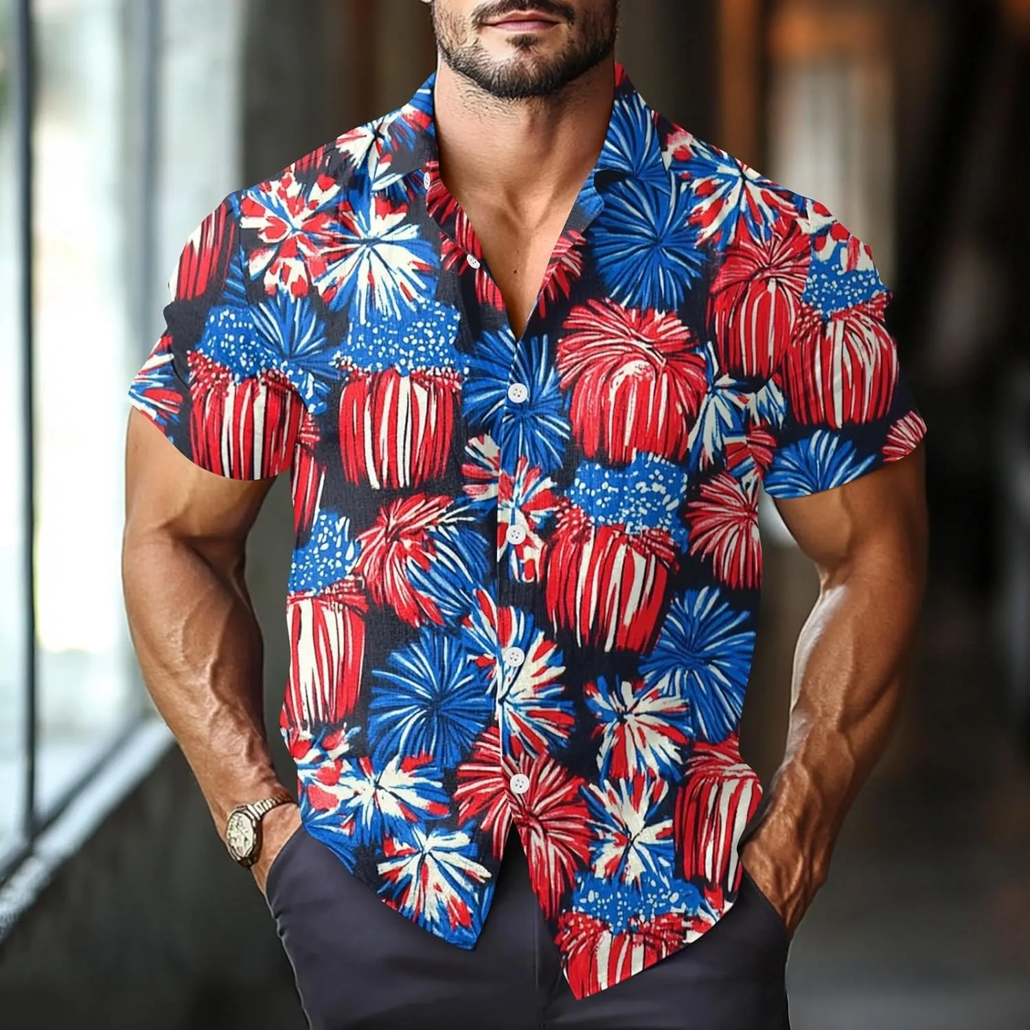 4Th of July Shirts for Men Patriotic Independence Day Short Sleeve Shirts Red White and Blue American Flag Outfits