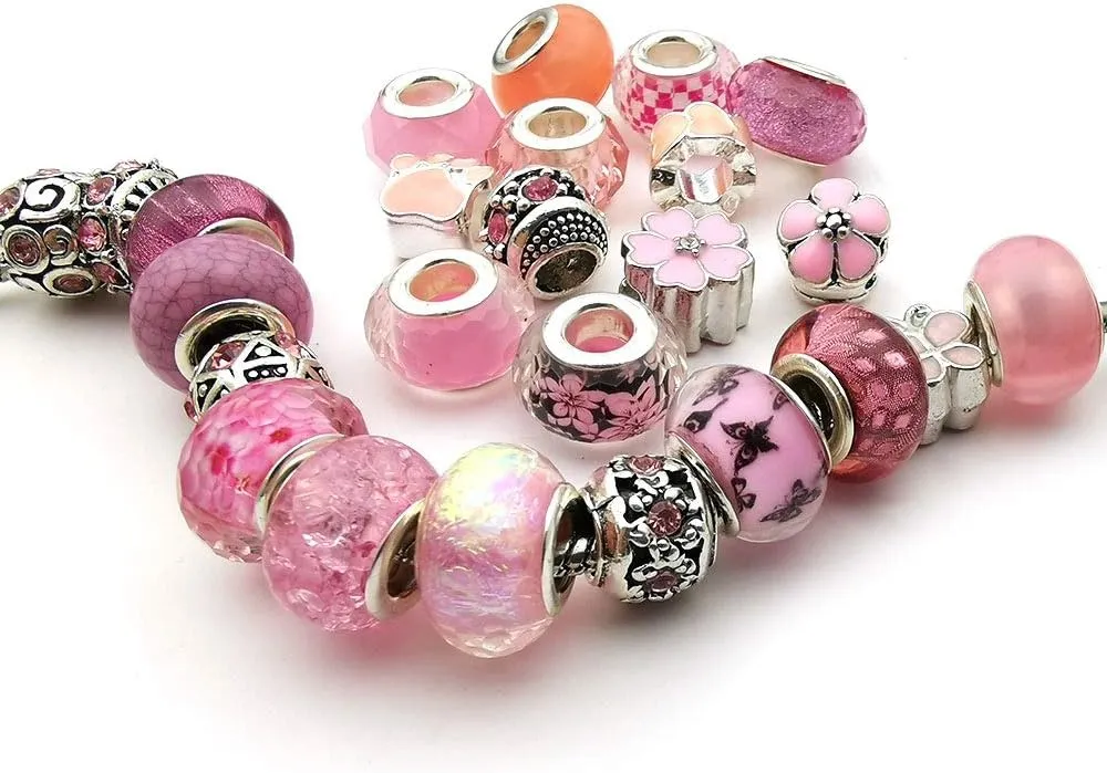 50pcs Assorted Pink Resin Imitation Glass European Large Hole Beads Rhinestone Metal Spacer Charms Bead Assortments for DIY Crafts Bracelets Necklaces Jewelry Making (M567-Pink)
