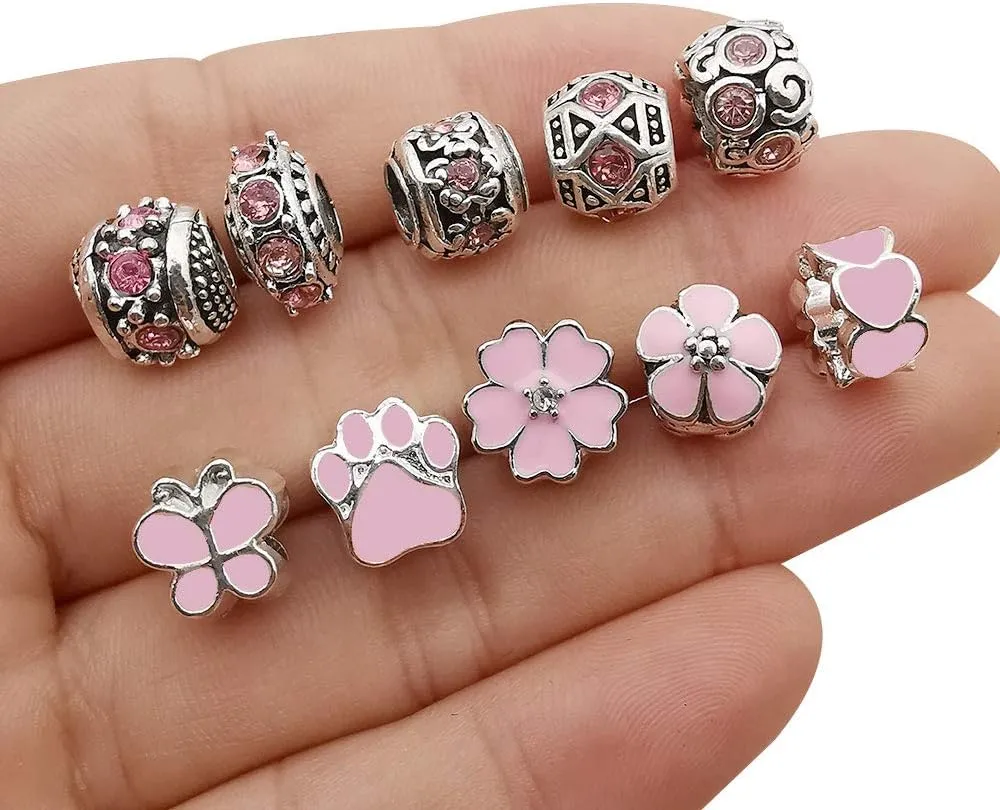 50pcs Assorted Pink Resin Imitation Glass European Large Hole Beads Rhinestone Metal Spacer Charms Bead Assortments for DIY Crafts Bracelets Necklaces Jewelry Making (M567-Pink)