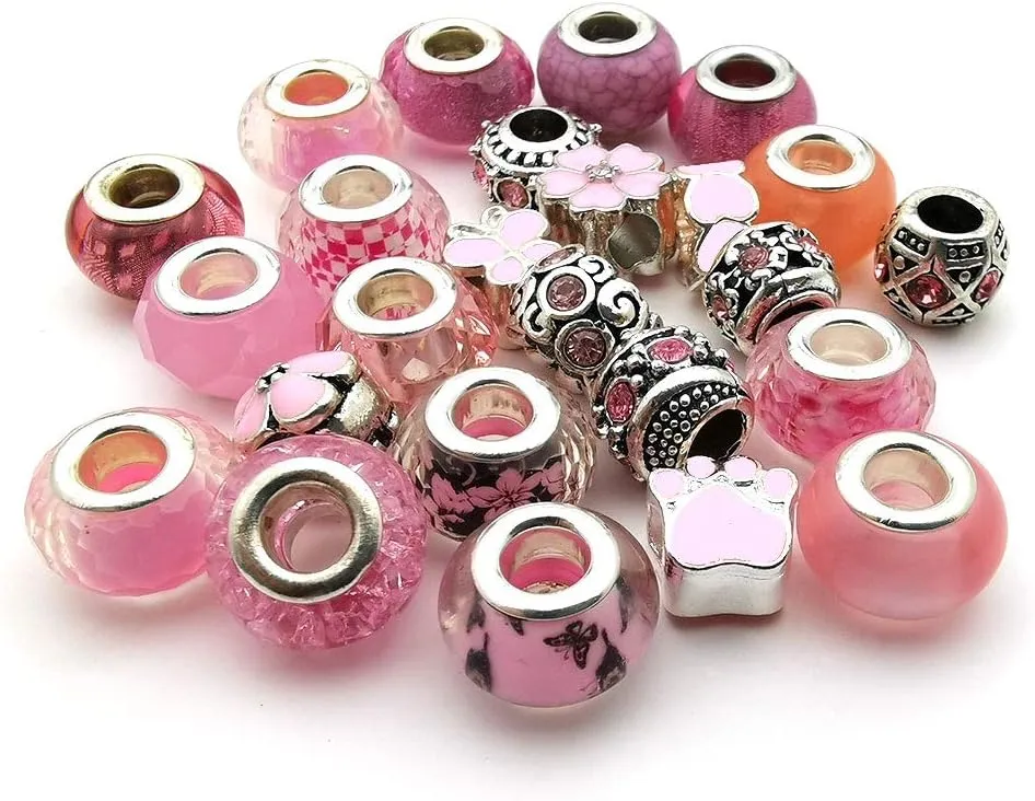 50pcs Assorted Pink Resin Imitation Glass European Large Hole Beads Rhinestone Metal Spacer Charms Bead Assortments for DIY Crafts Bracelets Necklaces Jewelry Making (M567-Pink)