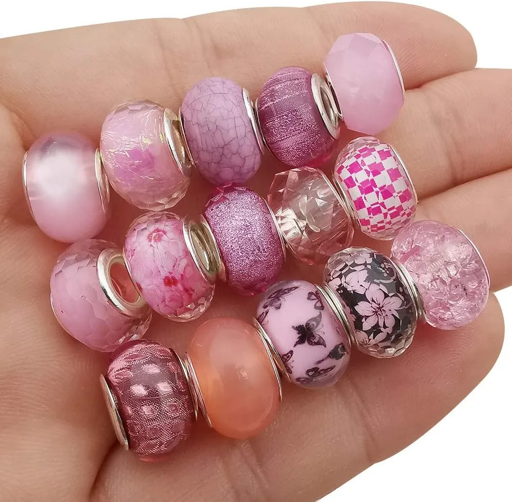 50pcs Assorted Pink Resin Imitation Glass European Large Hole Beads Rhinestone Metal Spacer Charms Bead Assortments for DIY Crafts Bracelets Necklaces Jewelry Making (M567-Pink)