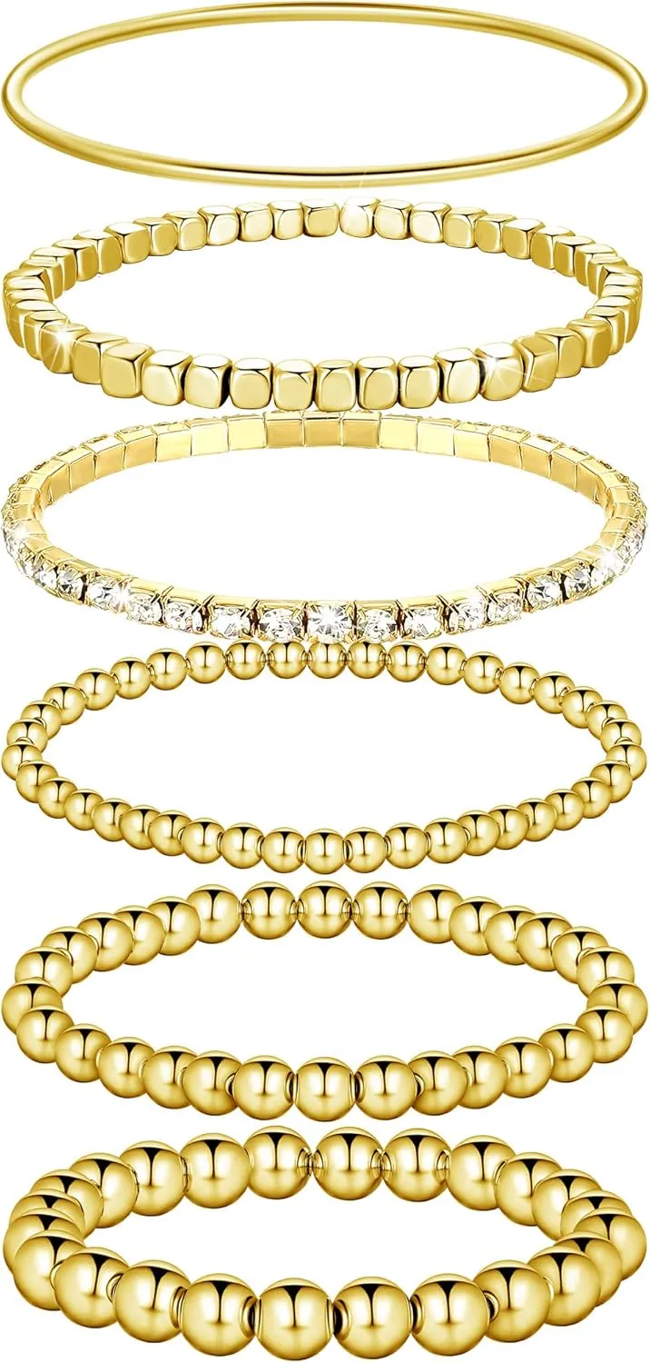 6 Pieces Bracelets Set for Women Stackable Elastic Bead Ball Sets Thin Bangle Stretch Cubic Bead Tennis Bracelet with Round Moissanite