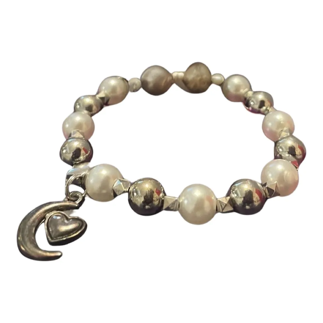 8mm beaded, stretch, handmade charm bracelet, empowering jewelry, friendship bracelet (Clear silver heart bracelet, 8mm Polymer clay beads one size)