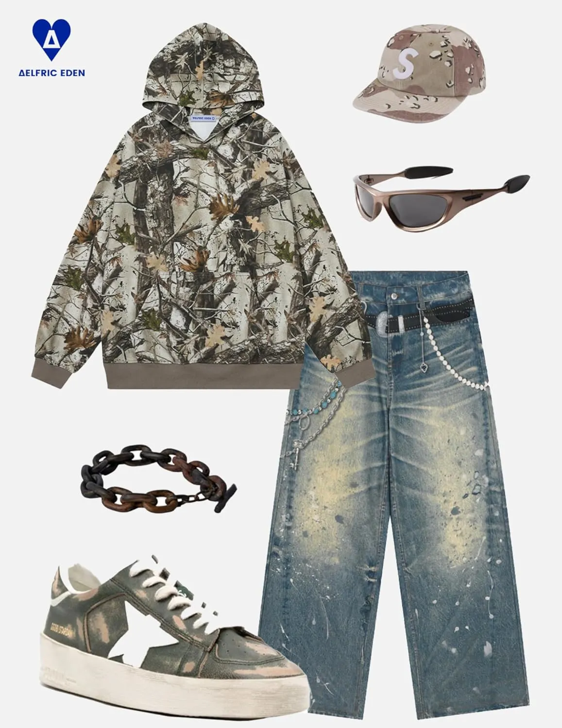 Aelfric Eden Womens Camo Hoodies Maple Branch Graphic Print Hoodie Sweatshirt Vintage Y2k Streetwear Pocket Hooded Pullovers