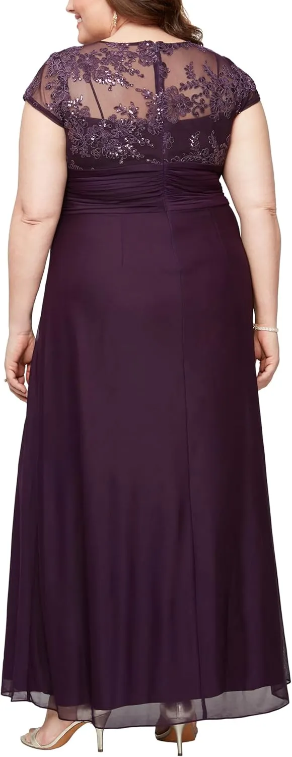 Alex Evenings Women's Long Stretch Sequin Bodice Mother of The Bride Dress with Empire Waist (Plus Size)