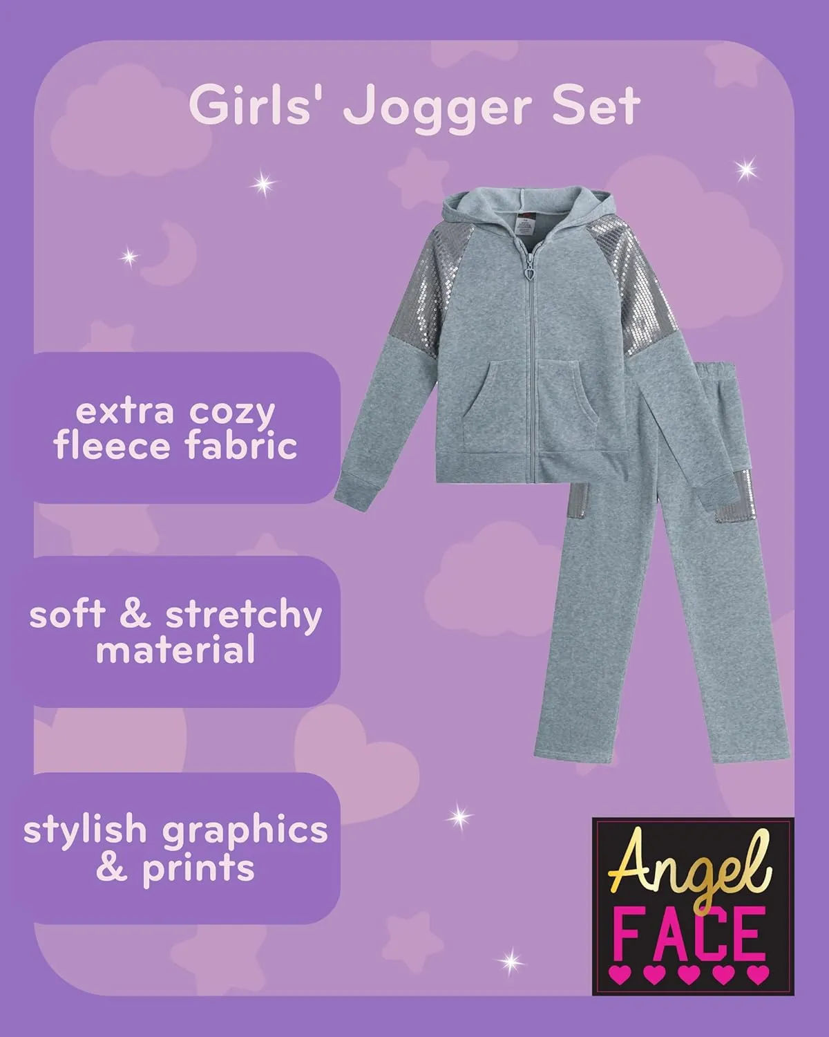 Angel Face Girls Jogger Set - 2 Piece Soft Fleece Pullover Hooded Sweatshirt and Jogger Sweatpants for Girls (Sizes: 7-16)