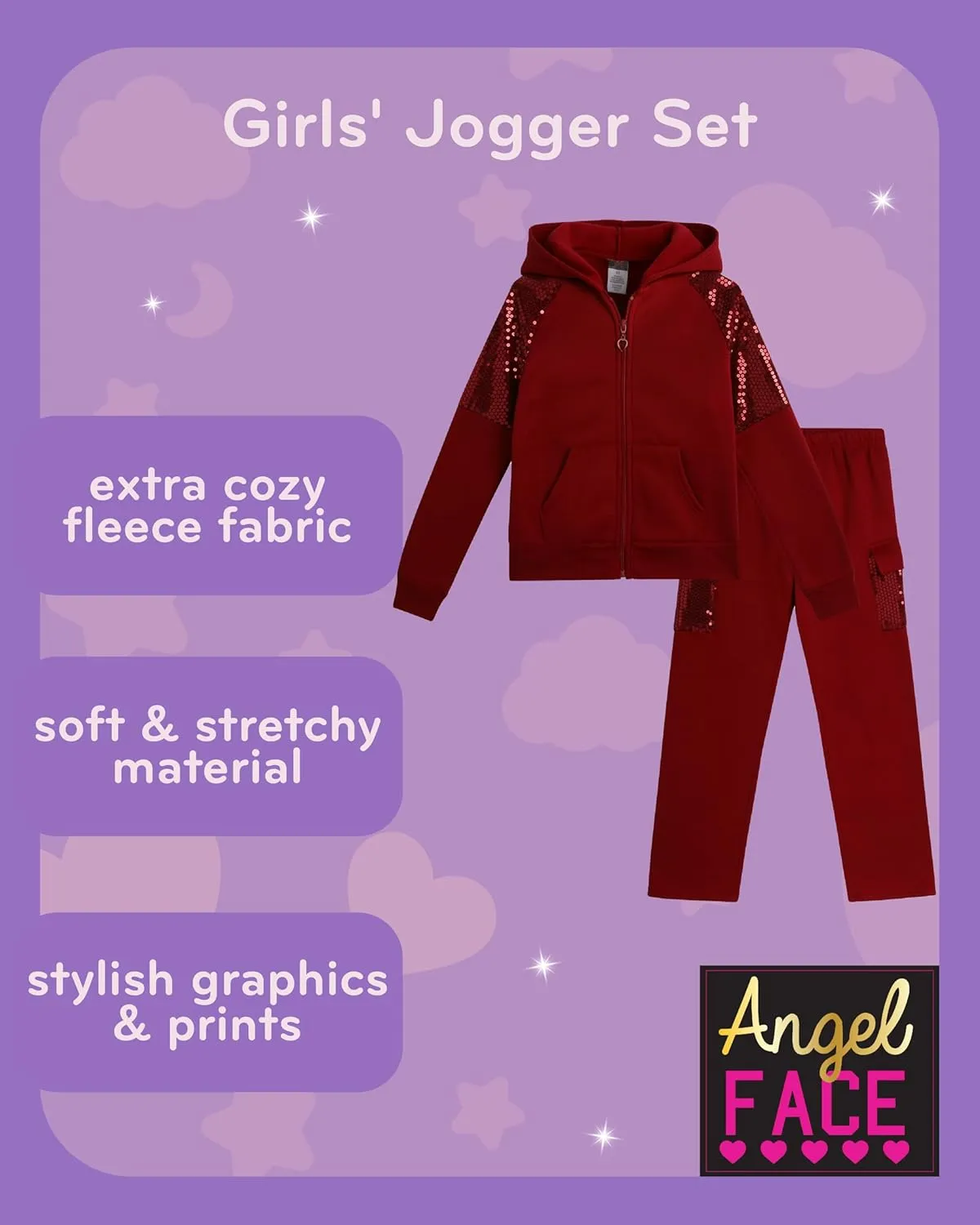 Angel Face Girls Jogger Set - 2 Piece Soft Fleece Pullover Hooded Sweatshirt and Jogger Sweatpants for Girls (Sizes: 7-16)