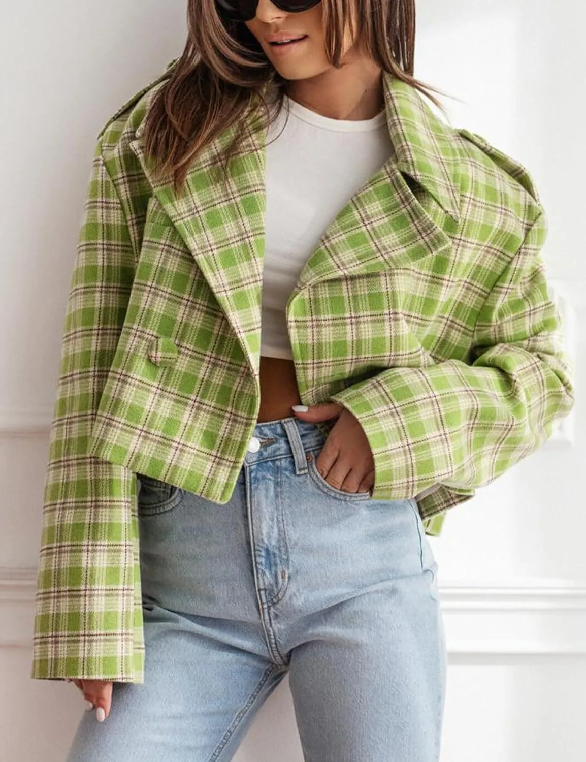 Arssm Womens Plaid Trench Coat Short Wool Blend Cropped Jacket Long Sleeve Notched Collar Overcoat