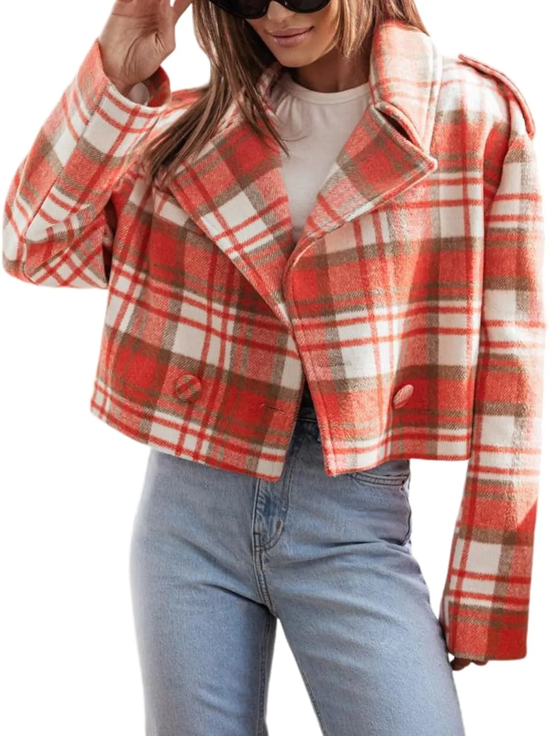 Arssm Womens Plaid Trench Coat Short Wool Blend Cropped Jacket Long Sleeve Notched Collar Overcoat