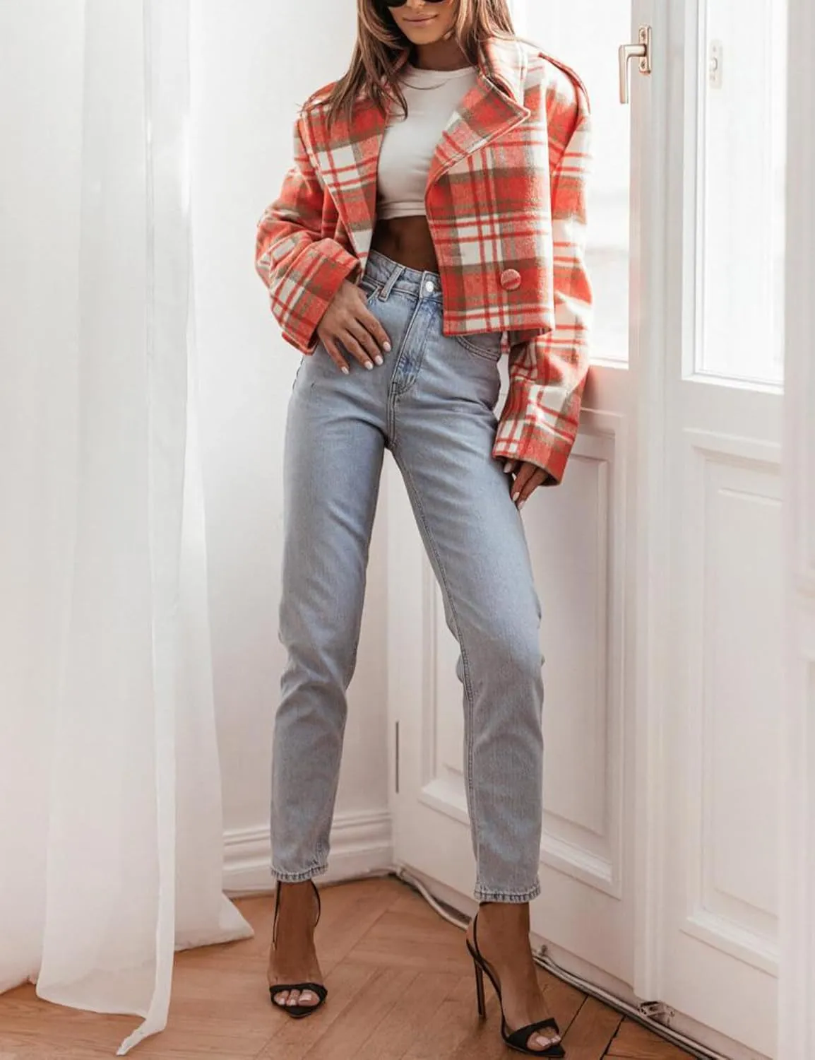 Arssm Womens Plaid Trench Coat Short Wool Blend Cropped Jacket Long Sleeve Notched Collar Overcoat