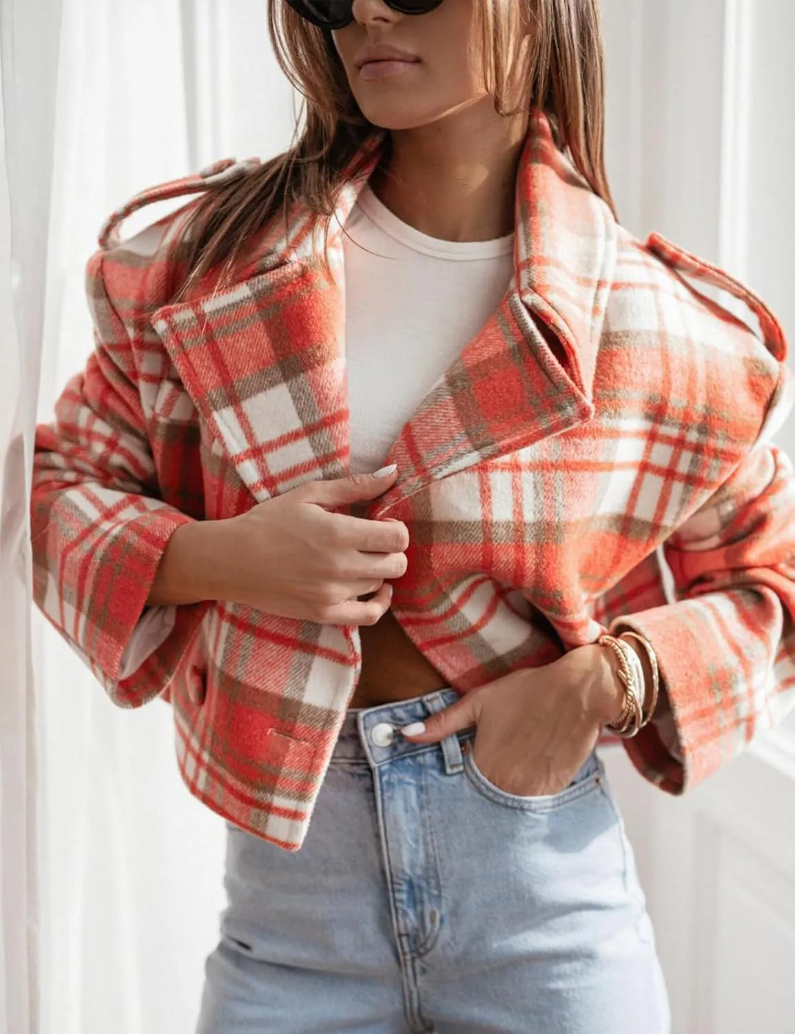 Arssm Womens Plaid Trench Coat Short Wool Blend Cropped Jacket Long Sleeve Notched Collar Overcoat