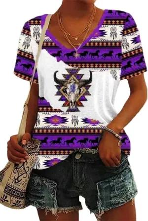 Aztec Print Tops for Women Western Tribal Ethnic Style Short Sleeved Shirt V-Neck Casual Loose Fitting T-Shirt