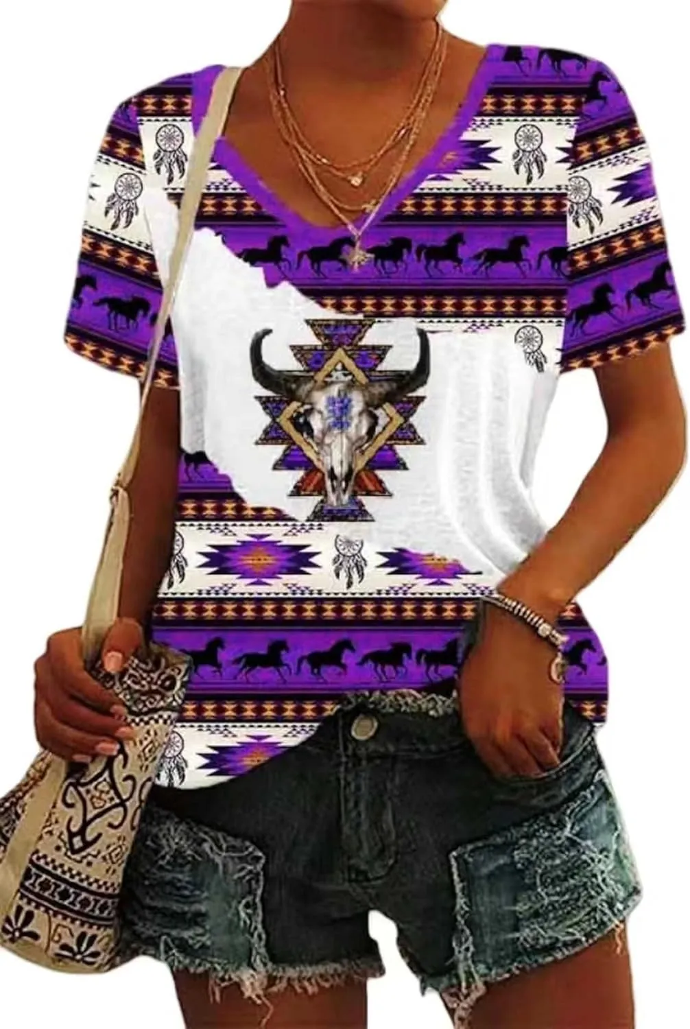 Aztec Print Tops for Women Western Tribal Ethnic Style Short Sleeved Shirt V-Neck Casual Loose Fitting T-Shirt