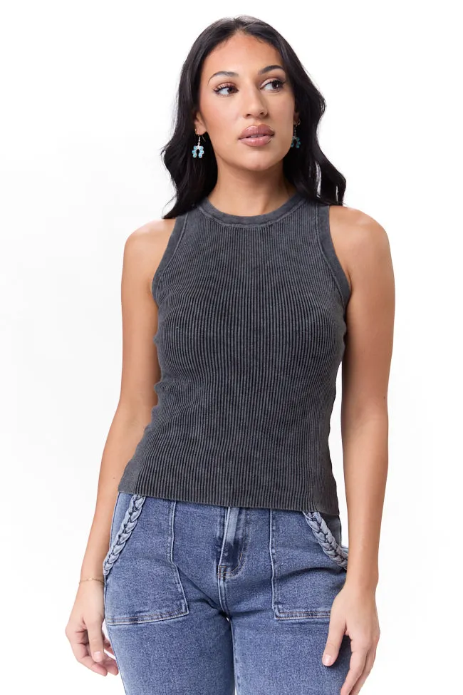 Back To Square One Charcoal Acid Washed Ribbed High Neck Tank