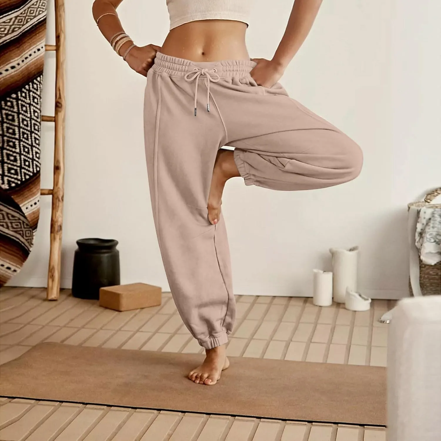 Baggy Sweatpants for Women Slim Fit Fall Jogger Pants High Waist Drawstring Fashion Trousers Petite with Pocket