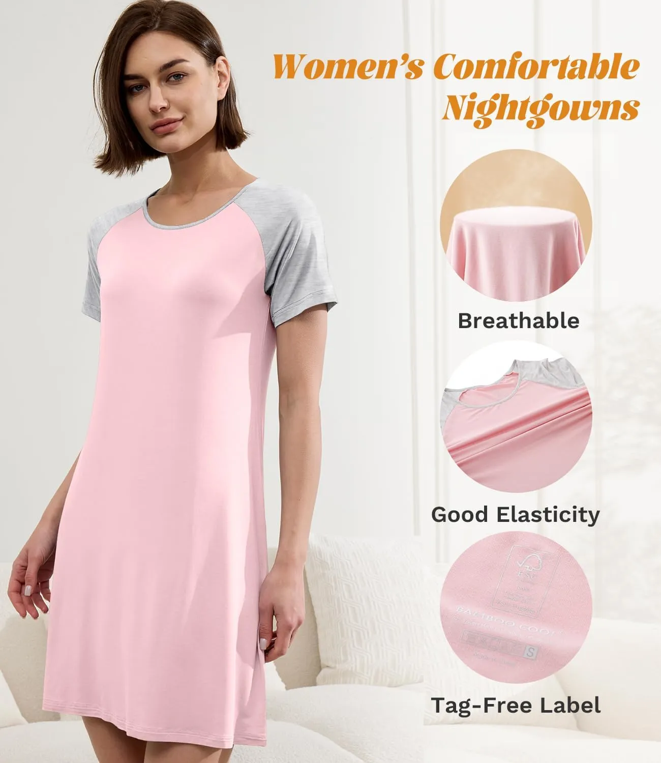 BAMBOO COOL Womens Nightgown Soft Sleepwear Short Sleeve Pajamas Lounge Sleep Dress Comfy Nightshirt for Ladies