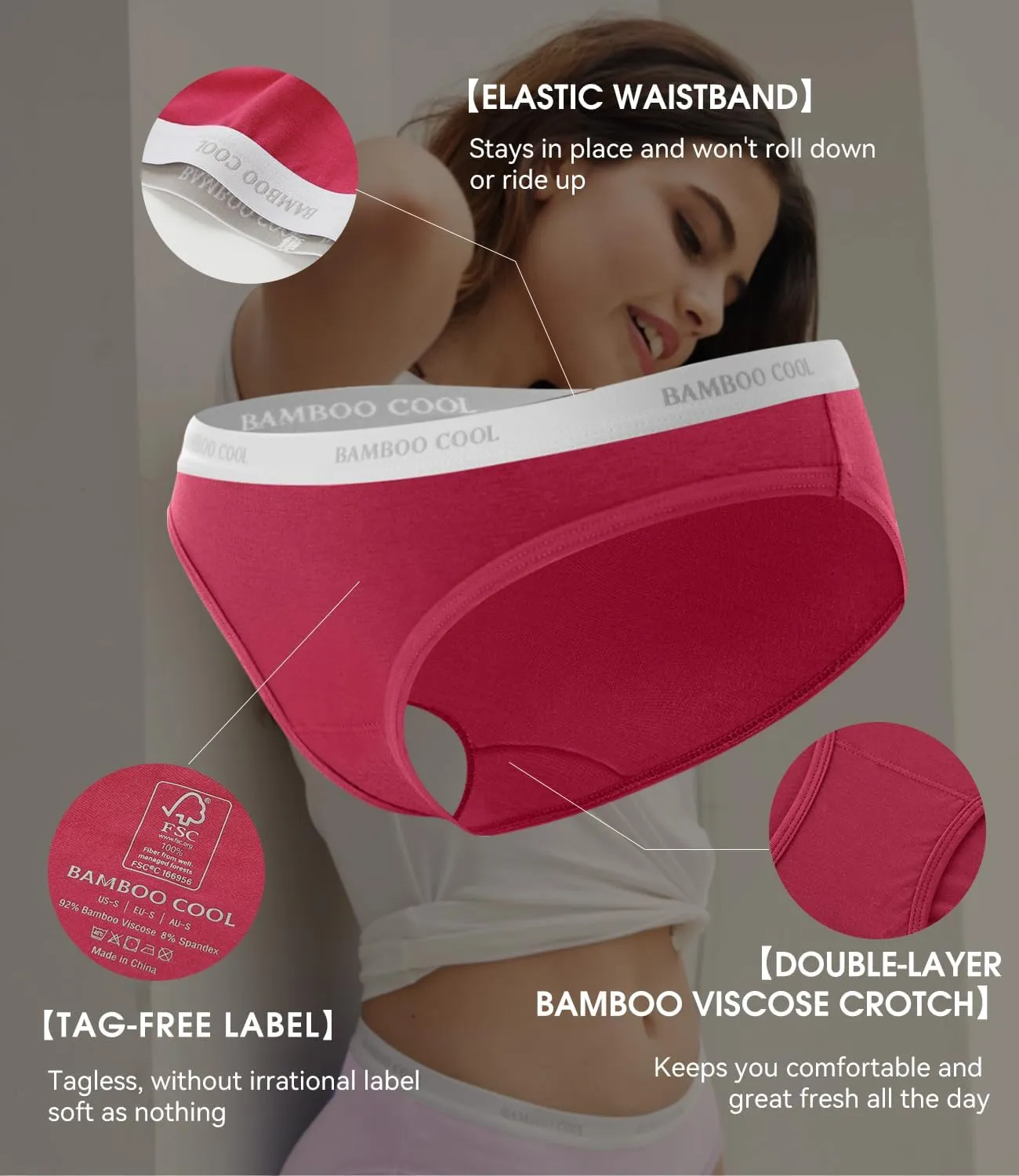 BAMBOO COOL Womens Underwear Soft Bikini High Cut Panties Stretch Moisture Wicking Panties for Women, 5-Pack