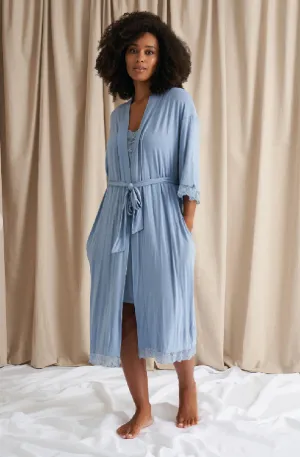 Bamboo Lace Kimono Robe in Blue Mist