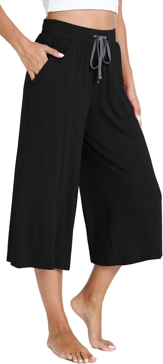 Bamboo Viscose Capri Pants for Women Wide Leg Pajama Lounge Pants with Pockets Comfy Loose Cropped Yoga Pants