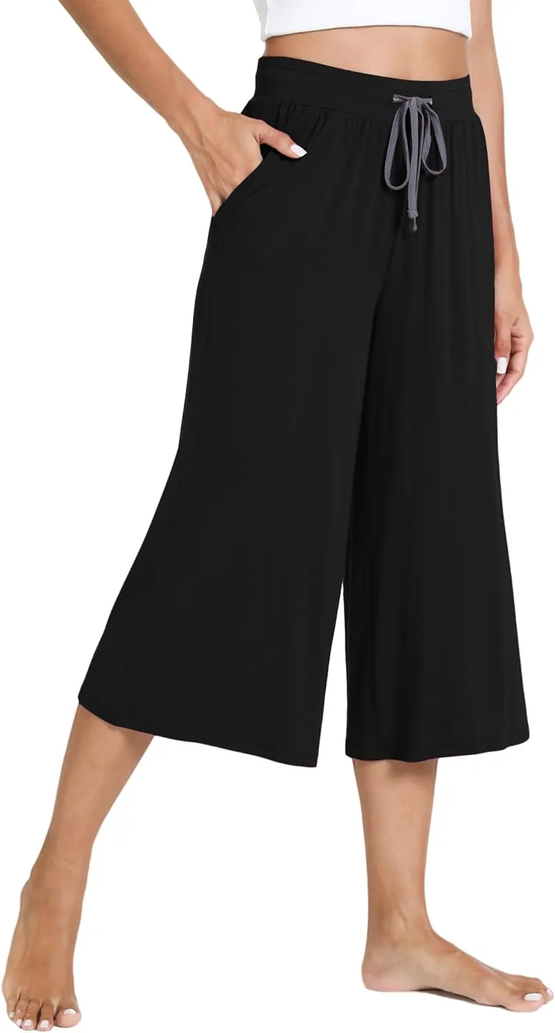 Bamboo Viscose Capri Pants for Women Wide Leg Pajama Lounge Pants with Pockets Comfy Loose Cropped Yoga Pants