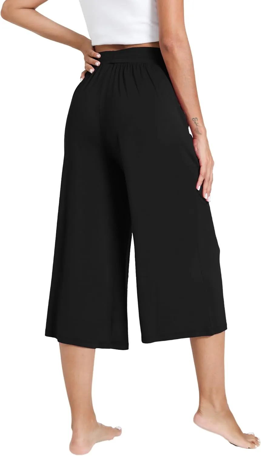 Bamboo Viscose Capri Pants for Women Wide Leg Pajama Lounge Pants with Pockets Comfy Loose Cropped Yoga Pants
