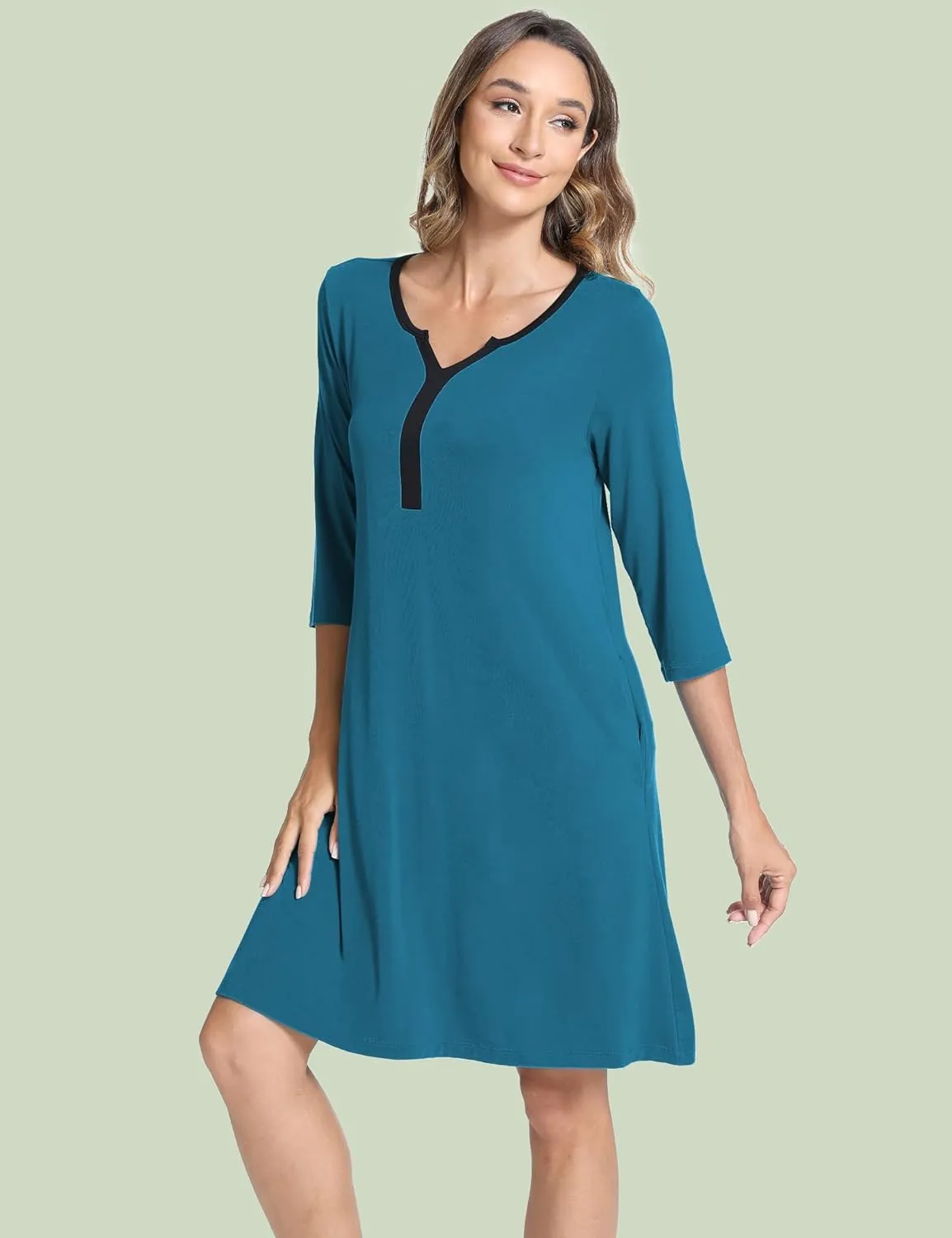 Bamboo Viscose Women's Nightgowns 3/4 Sleeve V Neck Comfy Knee-length Sleepwear