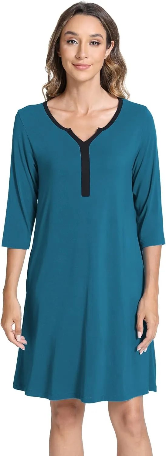 Bamboo Viscose Women's Nightgowns 3/4 Sleeve V Neck Comfy Knee-length Sleepwear