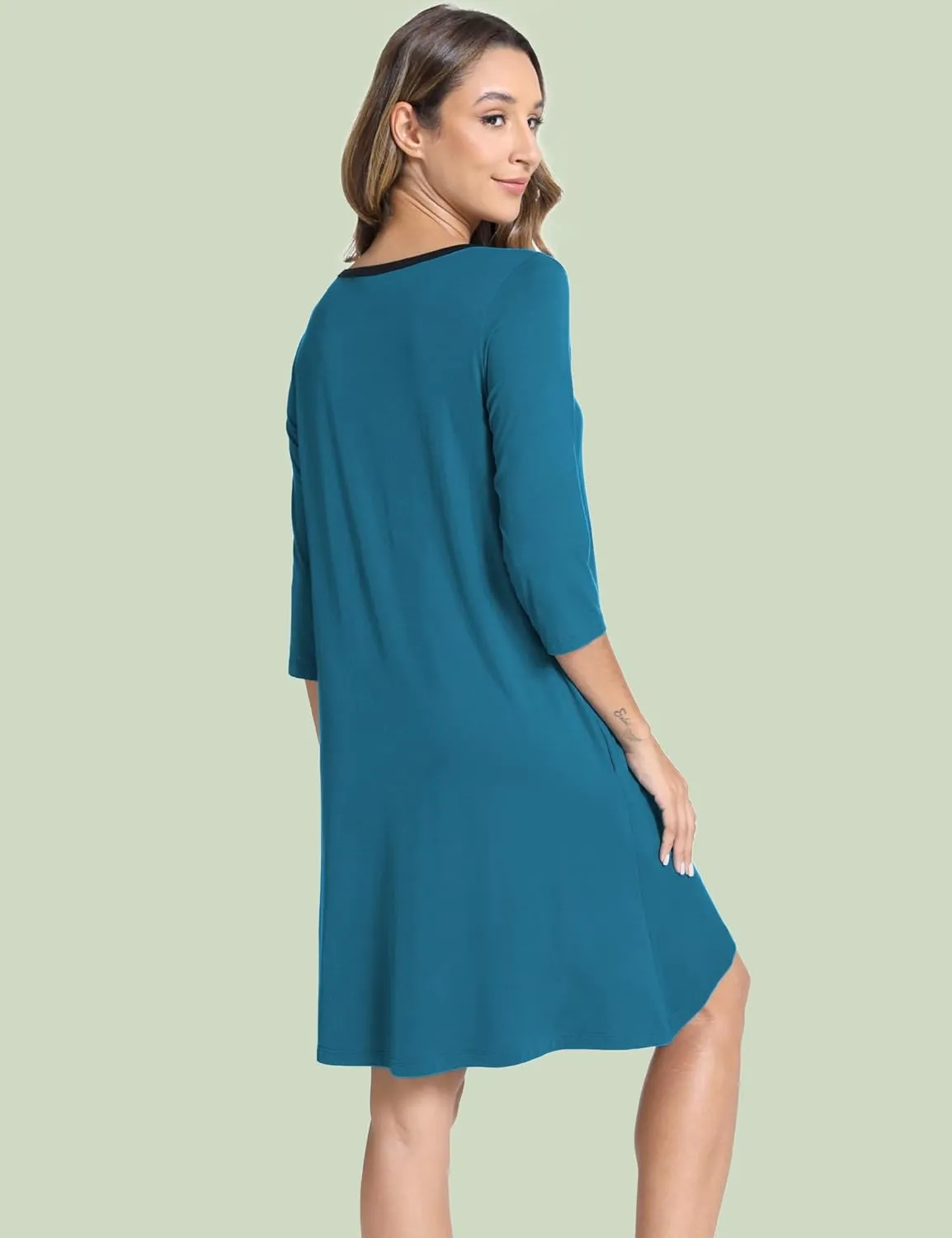 Bamboo Viscose Women's Nightgowns 3/4 Sleeve V Neck Comfy Knee-length Sleepwear