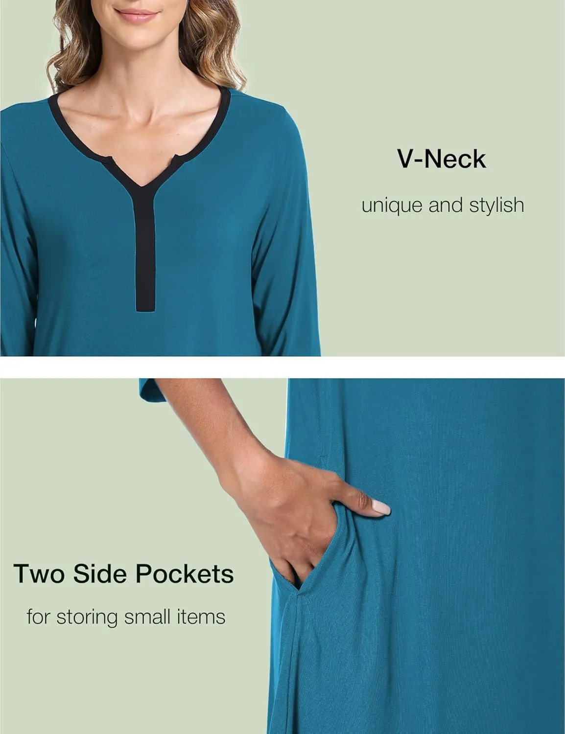 Bamboo Viscose Women's Nightgowns 3/4 Sleeve V Neck Comfy Knee-length Sleepwear