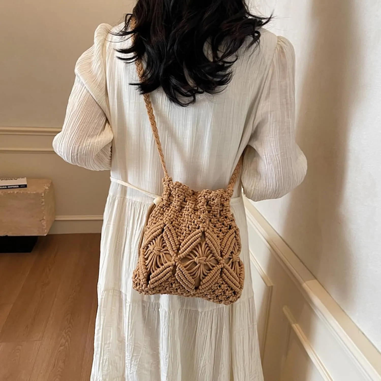 Beach Bag for Women Small Woven Bucket Bag Brown Beach Purse for Vacation Straw Crossbody Bags for Women