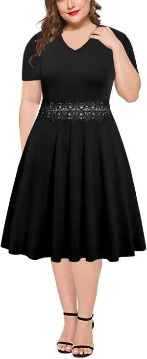 BEDOAR Women's Elegant Lace Embroidery Plus Size Flared A-Line Swing Casual Party Cocktail Dresses with Pockets